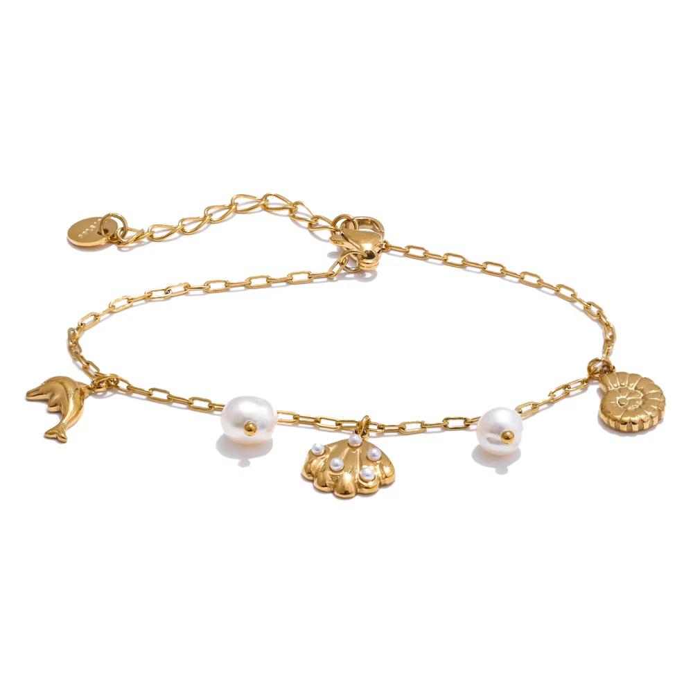 Yhpup Ocean Style Summer Accessories Natural Pearl Shell Fish Drop Chain Bracelet Bangle Stainless Steel High Quality Jewelry