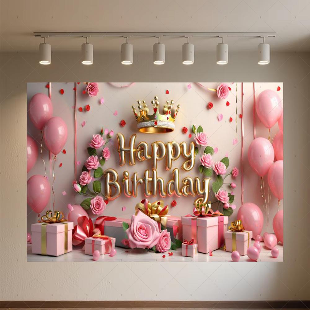 Crown Pink Balloons Background Banner Girls Birthday Party Decorations Flower Photography Backdrop Supplies Photo Shoot Props