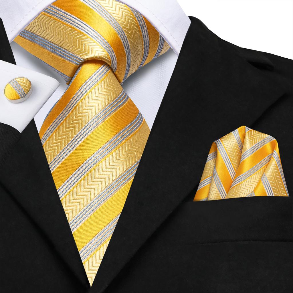 Hi-Tie Dark Gold Plaid Jacquard Mens Silk Tie Classic Necktie Cufflink Hanky Set
