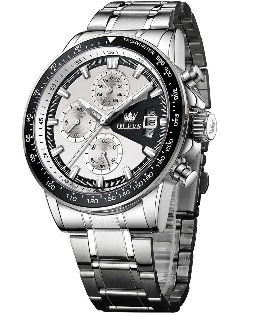 OLEVS Watch Men Quartz Stylish Multifunction Stainless Steel Waterproof Luminous Date Analog Fashion Student Business Watch for Men White