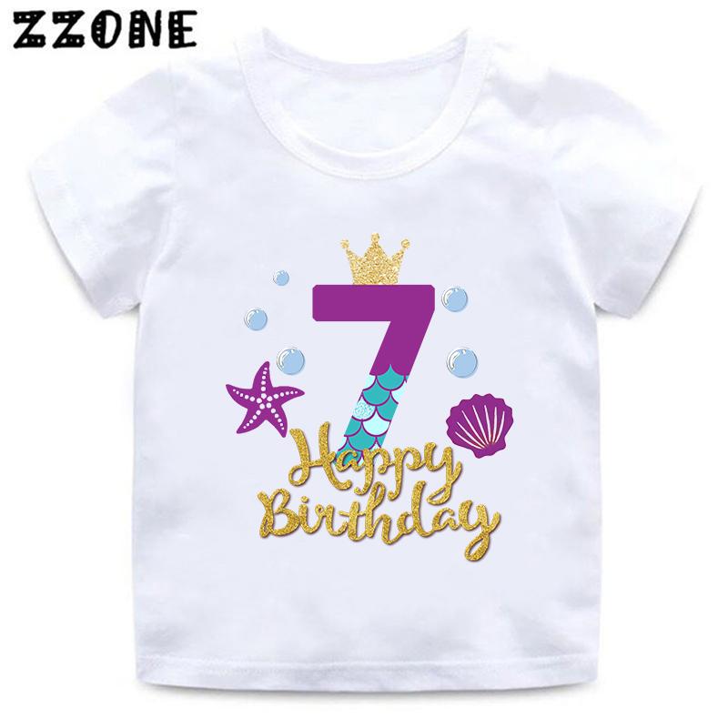 Cute Mermaid Princess Print Girls Clothes 1 2 3 4 5 6 7 8 9 Years Happy Birthday Kids Short Sleeve T shirt Baby Boys T-Shirts
