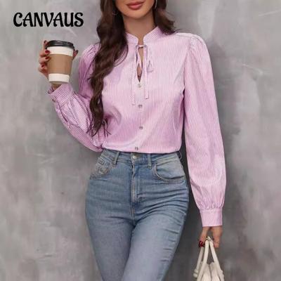 Большие размеры Женская новая осенняя рубашка с V-образным вырезом на пуговицах в полоску с длинными рукавами