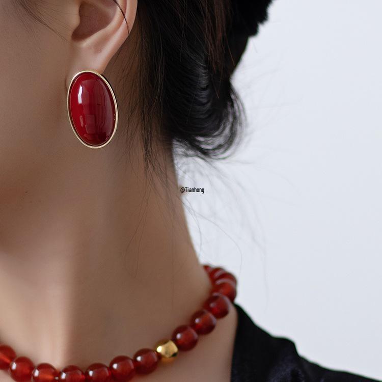 Ancola 2024 Red Retro Oval Pearl Earrings - Autumn & Winter Collection