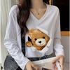 Cartoon Teddy Bear Print Women Tshirts Ladies Tops Long Sleeve V-neck Pullover Femme T-shirts T Shirt For Women