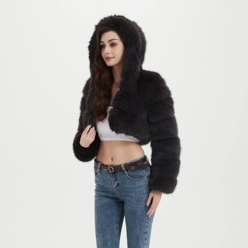 Autumn and winter imitation fur jacket women's short European and American splicing hooded jacket