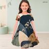 Girls Round Neck Short Sleeve Abstract Floral Printed A Line Flared Dress