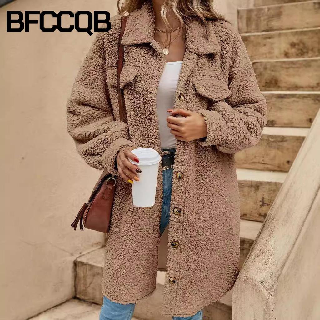 BFCCQB Женские винтажные повседневные однотонные куртки и пальто с воротником-поло с длинными рукавами и осенне-зимним принтом
