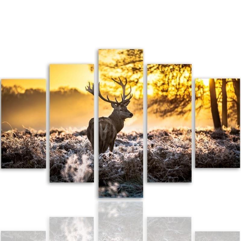 Feeby Feeby Five Piece Picture Canvas Print, Deer At Sunset