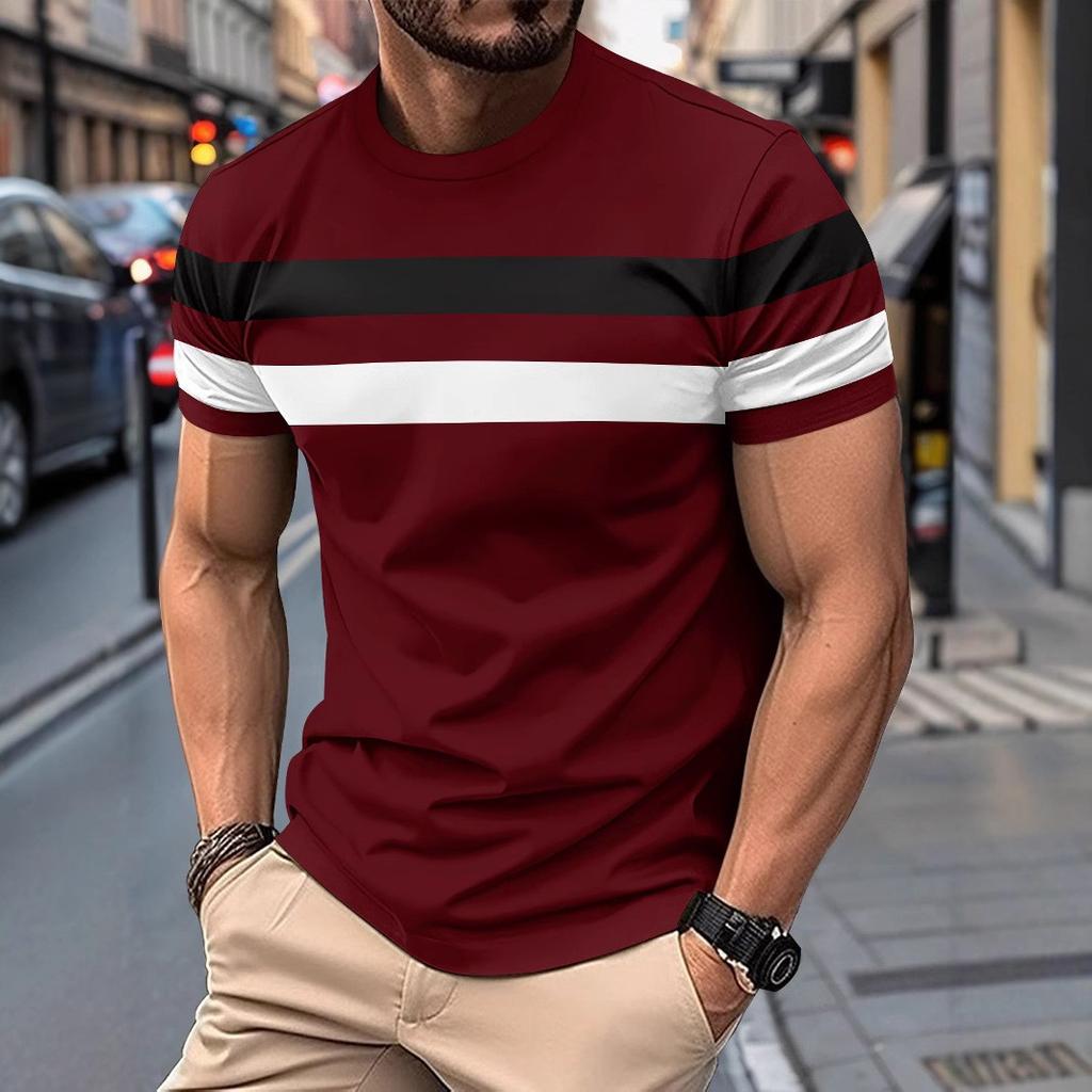 Summer Round Neck Short Sleeved Patchwork Contrasting Base Shirt Pullover Thin Casual Men's T-shirts