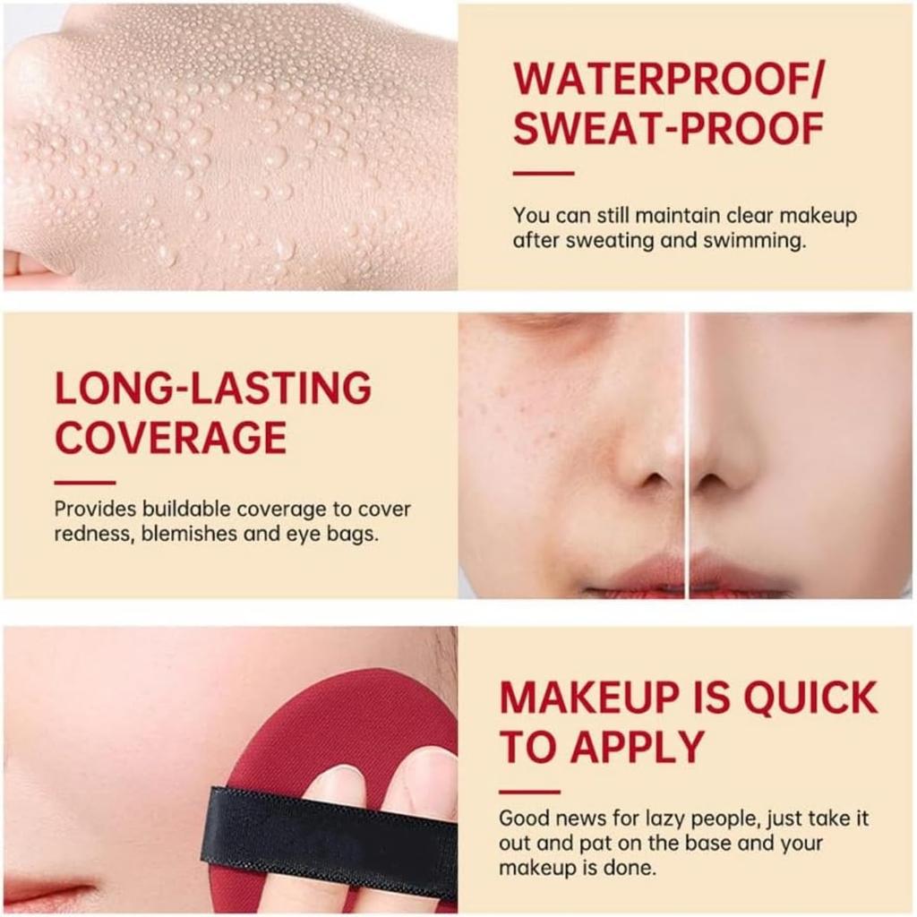 Красный кушон с тональным кремом Легкое покрытие Стойкость 72 часа Наслаиваемое покрытие Солнцепрозрачный макияж Фокусируется на поддержании текстуры покрытия, полуматовый