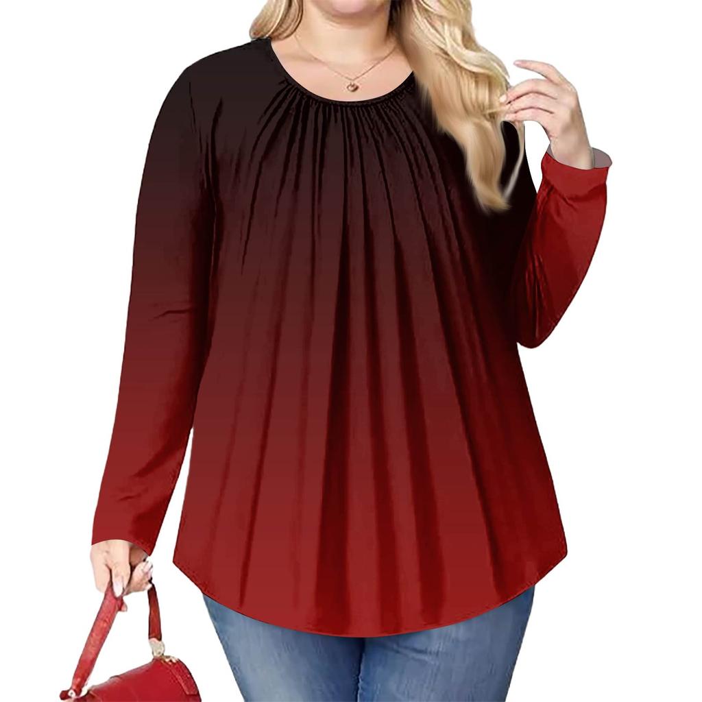 Женский модный топ большого размера с принтом, повседневный плиссированный, с круглым вырезом и длинными рукавами