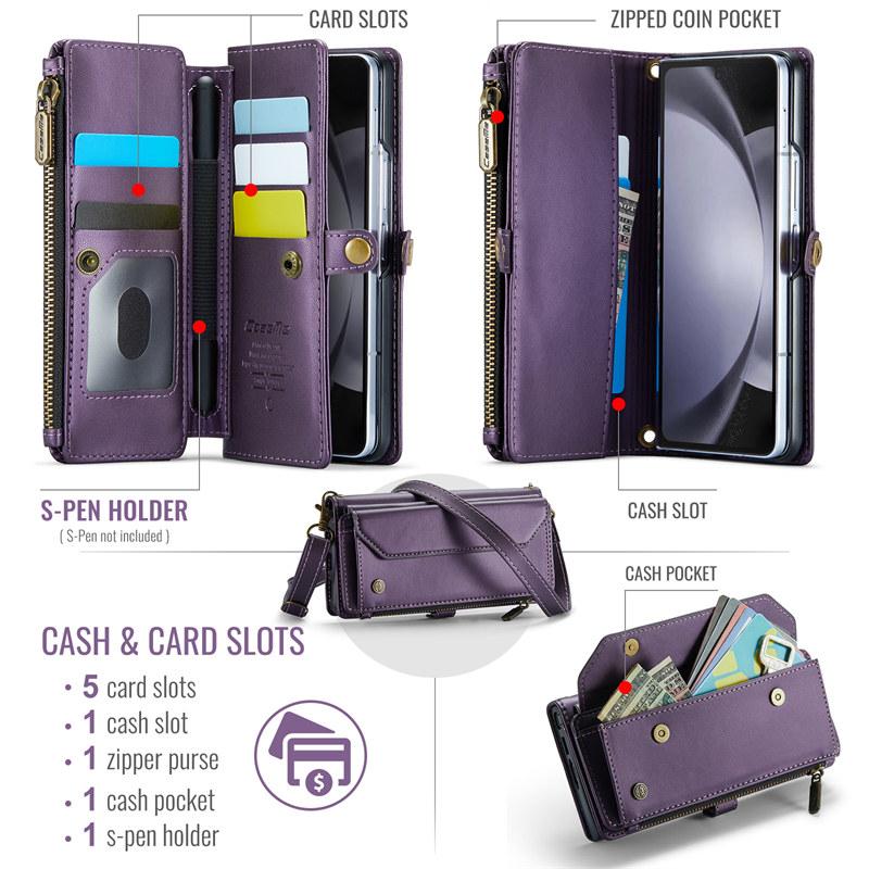 CaseMe Кожаный чехол-книжка для Samsung Galaxy Z Fold 7 5G 6 5 4 3 S26 Ultra S25 Edge S24 FE S23 S22 S21 S20 Plus Note 20 Кошелек на молнии Чехол-кардхолдер