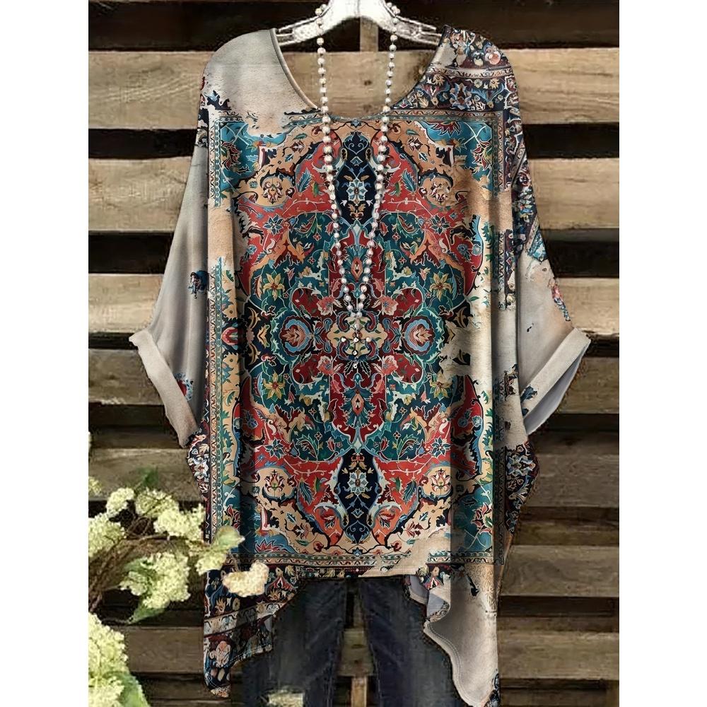 Летняя женская футболка в этническом стиле с принтом, удлиненная спереди, с круглым вырезом, повседневная, удобная, футболка в стиле Y2k, винтажная женская футболка с коротким рукавом