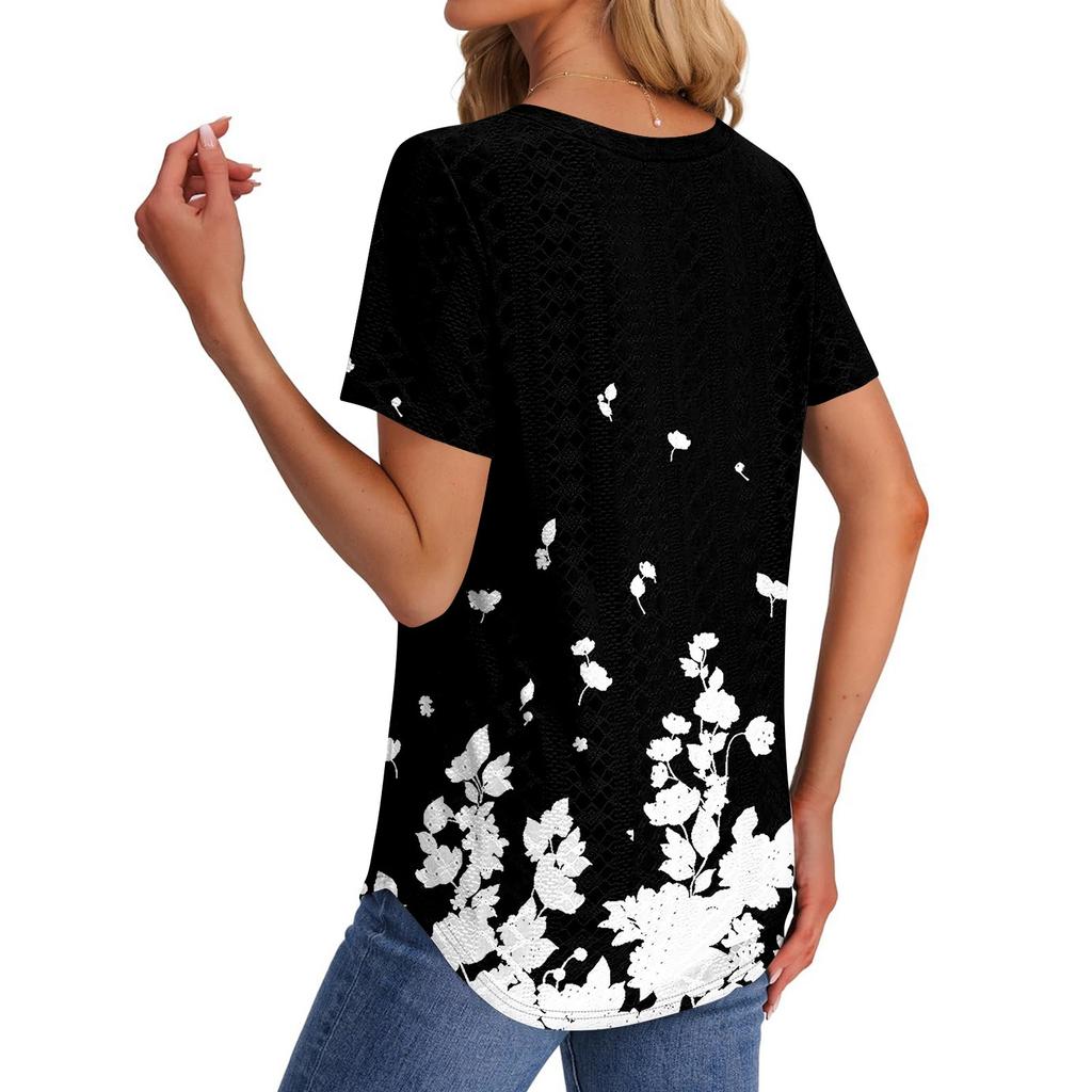 Womens T Shirts V Neck Short Sleeve Casual Tops Loose Fit Basic Tees With Curved Hem