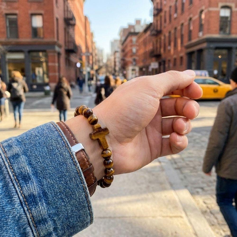 Tiger Eye Beads Cross Bracelet Spiritual Rosary Bracelet Prayer Beaded Bracelet Meditation