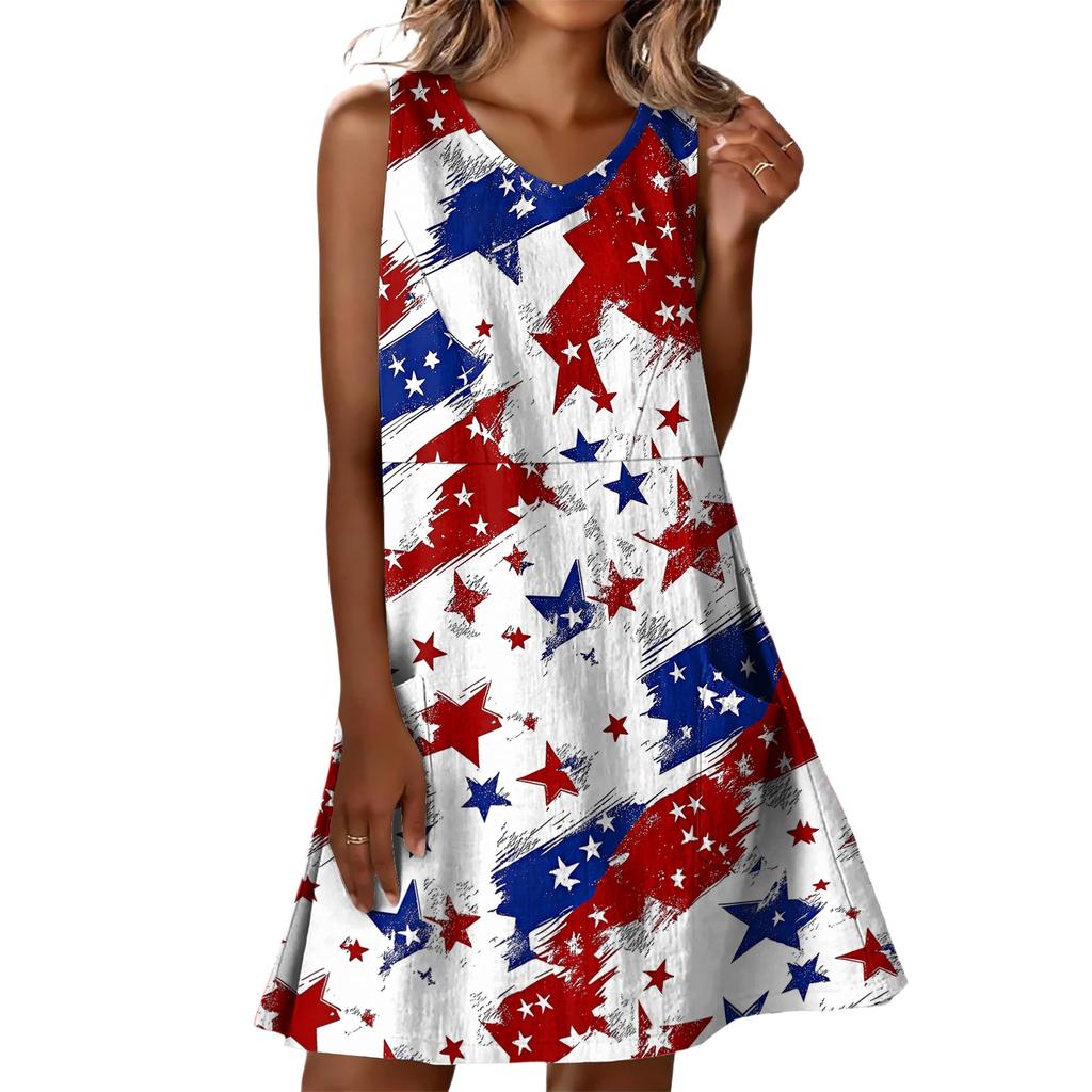 Flag Dress Sleeveless Summer Casual Loose Fit Patriotic Dress for Women Comfortable 4Th Of July Dresses for Women with Print