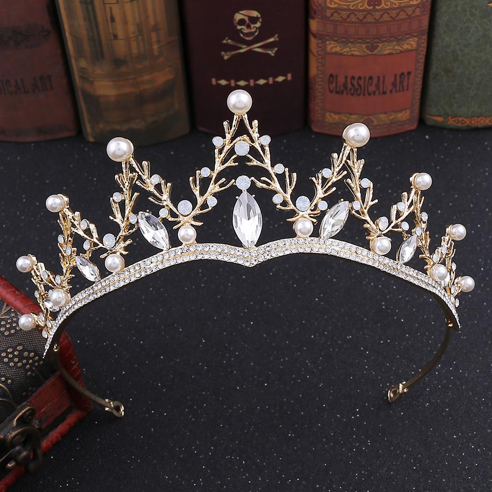 New Retro Rhinestone Bridal Headband Baroque Crown Pearl Inlaid Diamond Crown Tiara