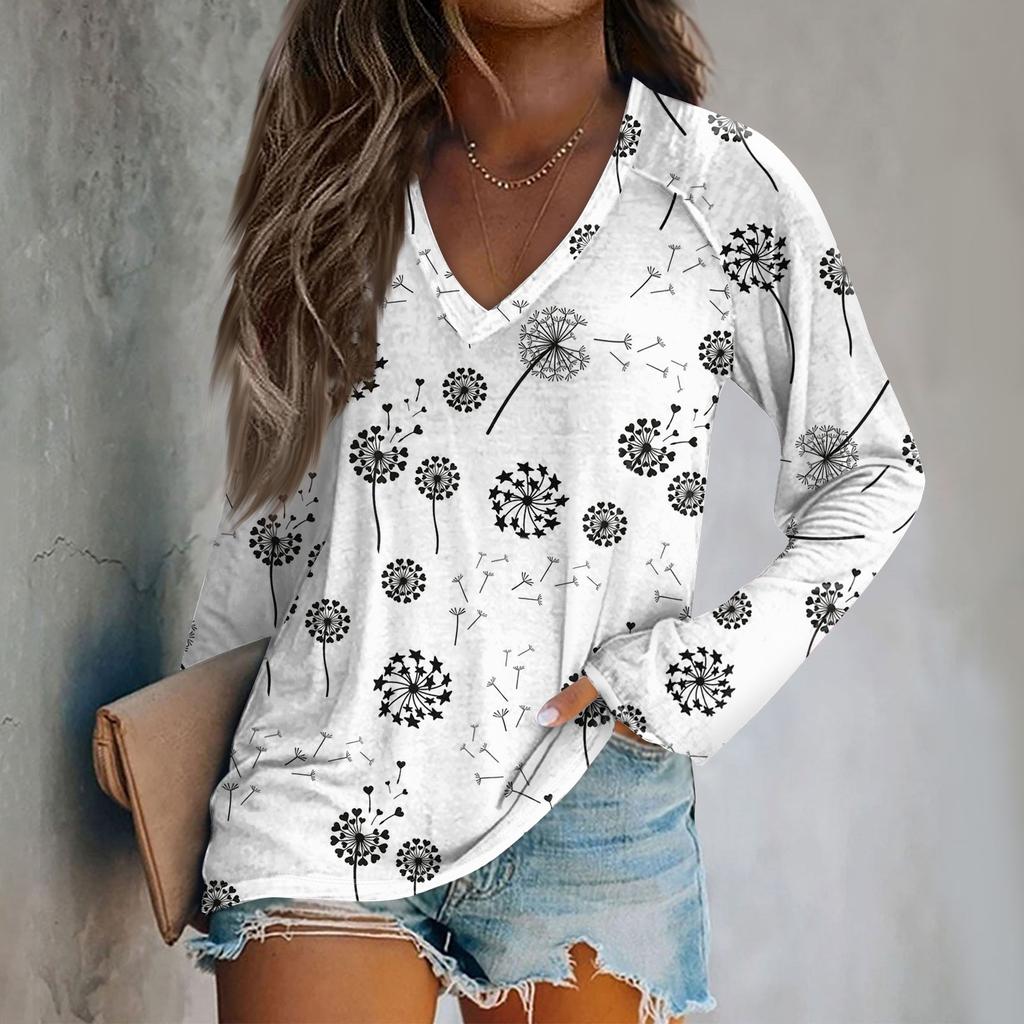 Женская модная свободная футболка с V-образным вырезом и длинным рукавом с винтажным цветочным принтом, повседневный топ