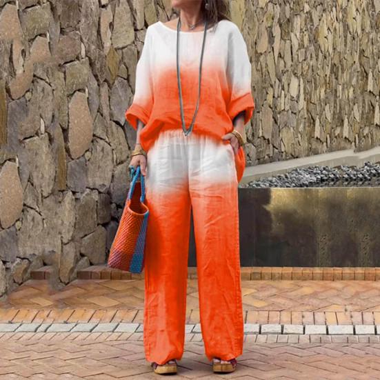 Женская футболка и брюки, комплект домашней одежды, градиентный контрастный цвет, топ с круглым вырезом и длинными рукавами