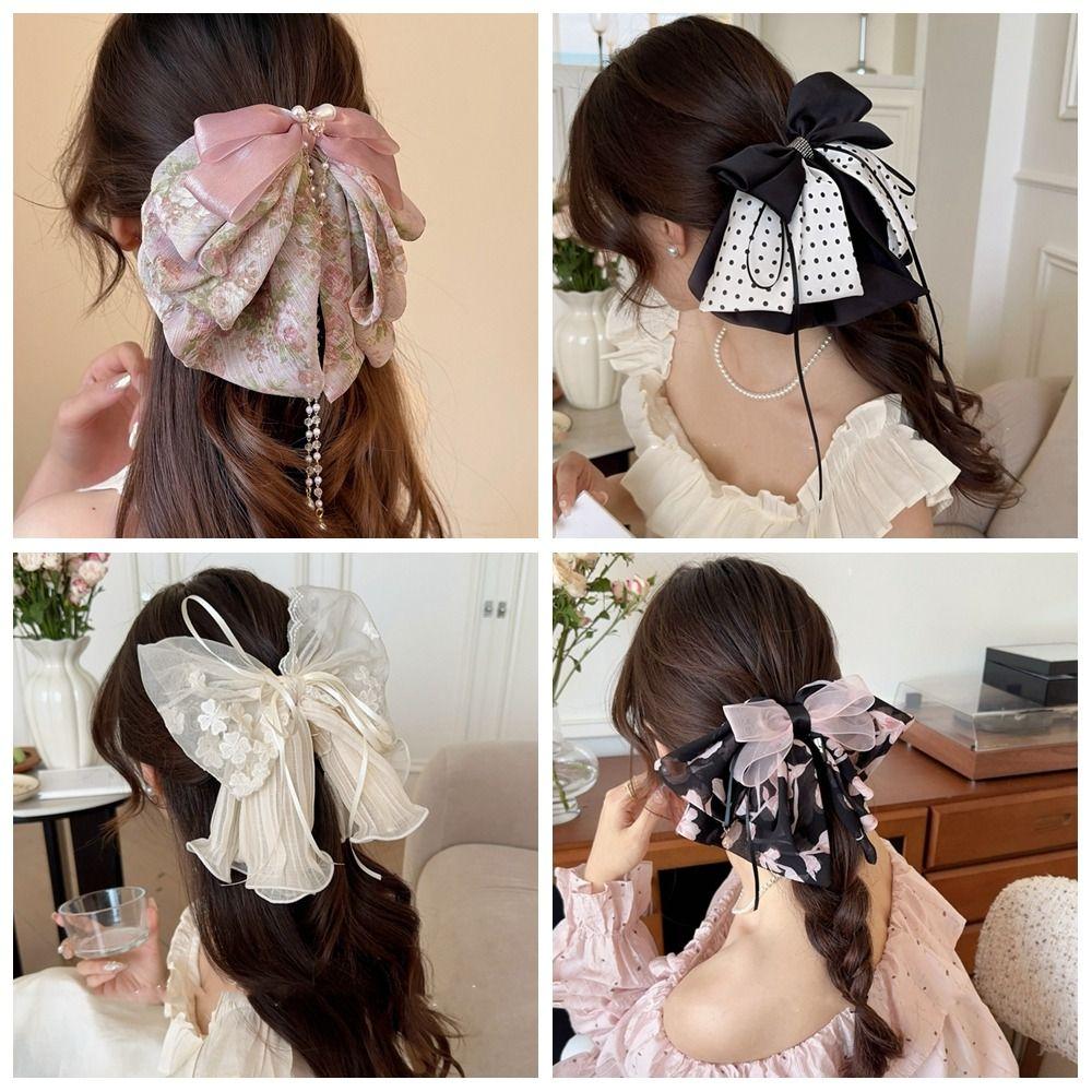 Floral Bow Ribbon Hair Claw Grab Clip Flower Hairpin Barrettes Chiffon Bowknot Hair Clip Girls