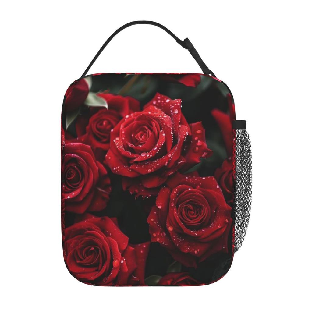 Red Rose Floral Design Insulated Lunch Bag for Women Kids Portable Food Boxes Thermal Lunch Box Tote
