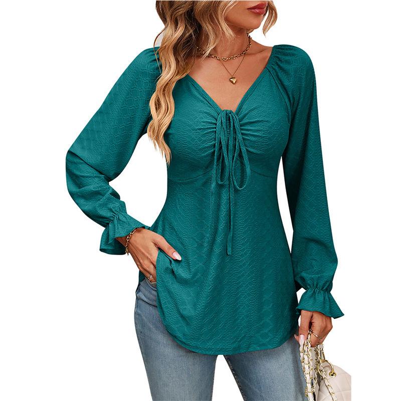 Women's Clothing Long Sleeve Girdle Drawstring Solid Color T-shirt V-neck