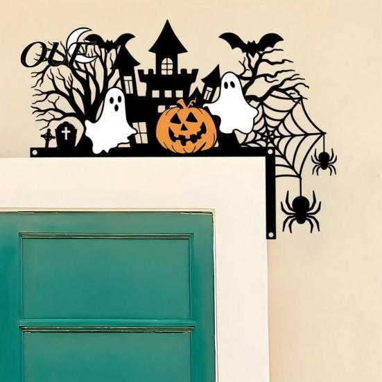 Bat And Spider Home Decoration Halloween Door Topper with Castle Ghost Pumpkin and Silhouette, 2D Flat Seasonal Furnishings Acrylic Corner Decor,