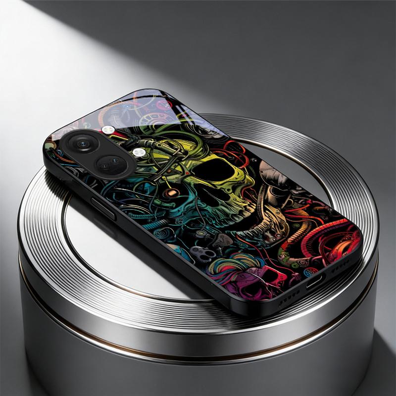 Neon Tech Skull Graffiti Black Glass Phone Case For OnePlus Ace 2 3 5 Pro Nord CE 2T 2 3 Lite 6 7T 8 9 10 Pro 11R 12R 13R Cover