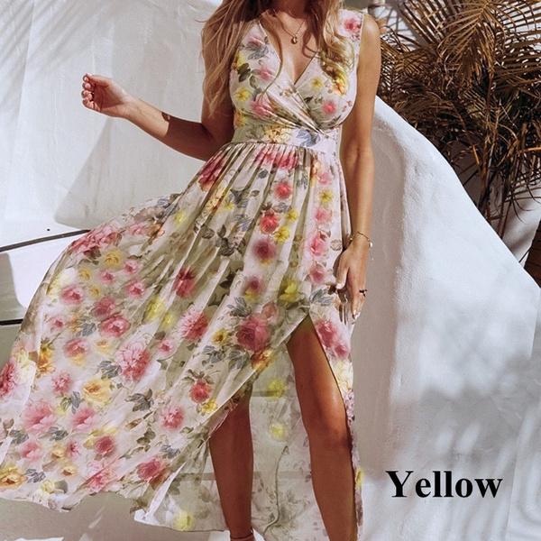 Женское платье в стиле бохо, синее длинное платье макси с цветочным принтом, глубокий v-образный вырез, летний пляжный вечерний сарафан, платья без рукавов, Vestidos