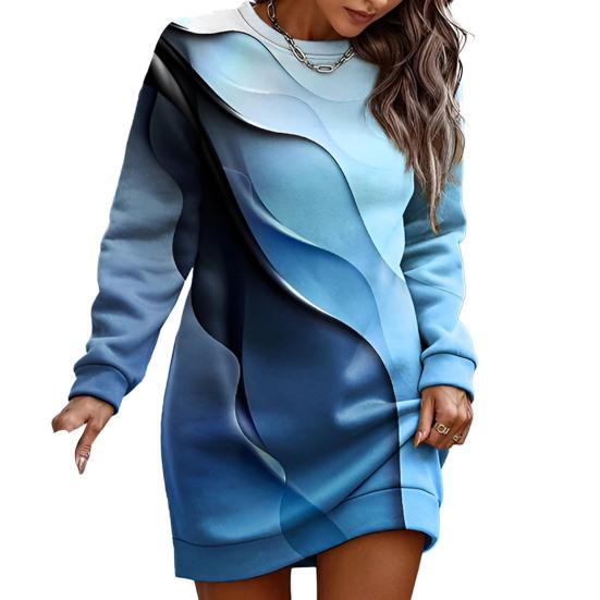 Women Fall Winter Sweartshirt Dress Flower Print Round Neck Long Sleeve Loose Pullover Thick Warm Mid Length Elastic Cuff Lady Spring Mini Dress