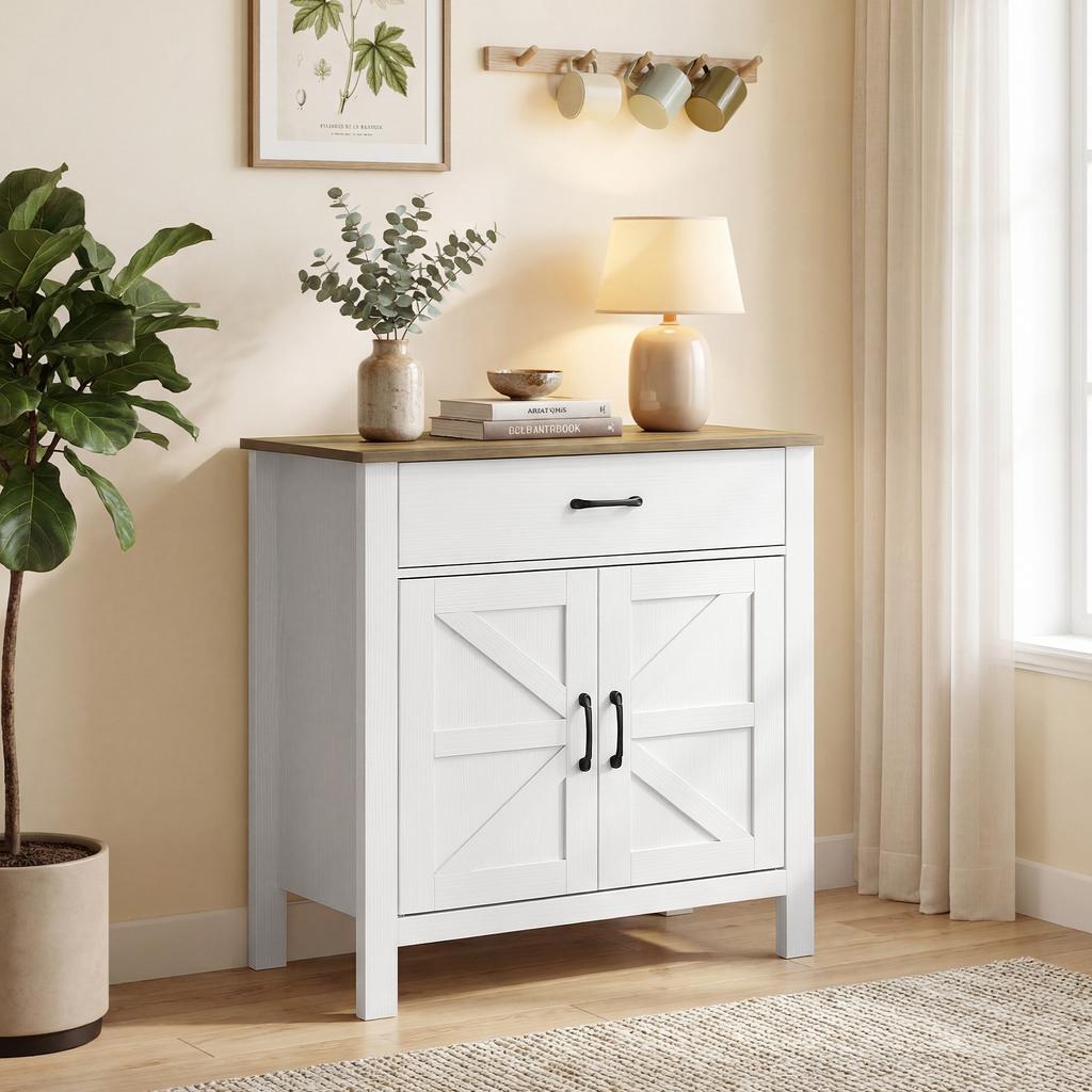Sideboard Buffet Cabinet, Farmhouse Kitchen Cabinet with Sliding Doors and Adjustable Shelf, White