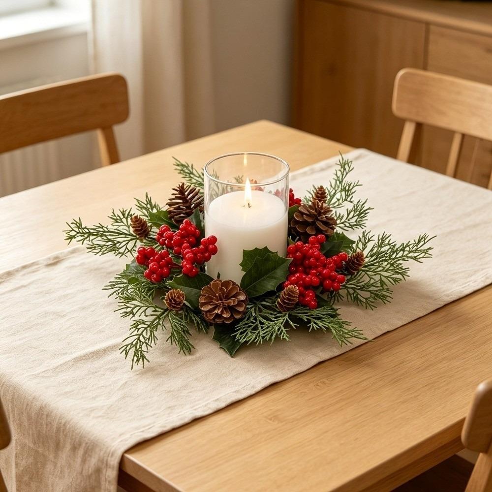 Plastic Christmas Candle Ring Artificial Pine Needle Table Centerpiece Holiday Dinner Table