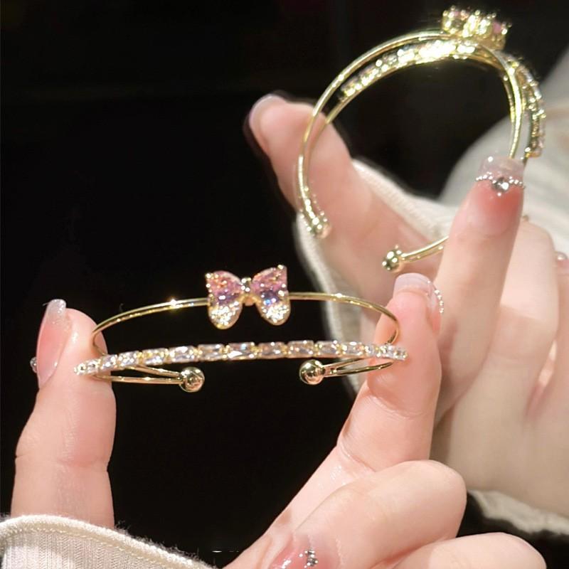 Zirconia Bow Double Layer Open Bangle Bracelet Women Sweet Chic Minimalist Fashion Jewelry