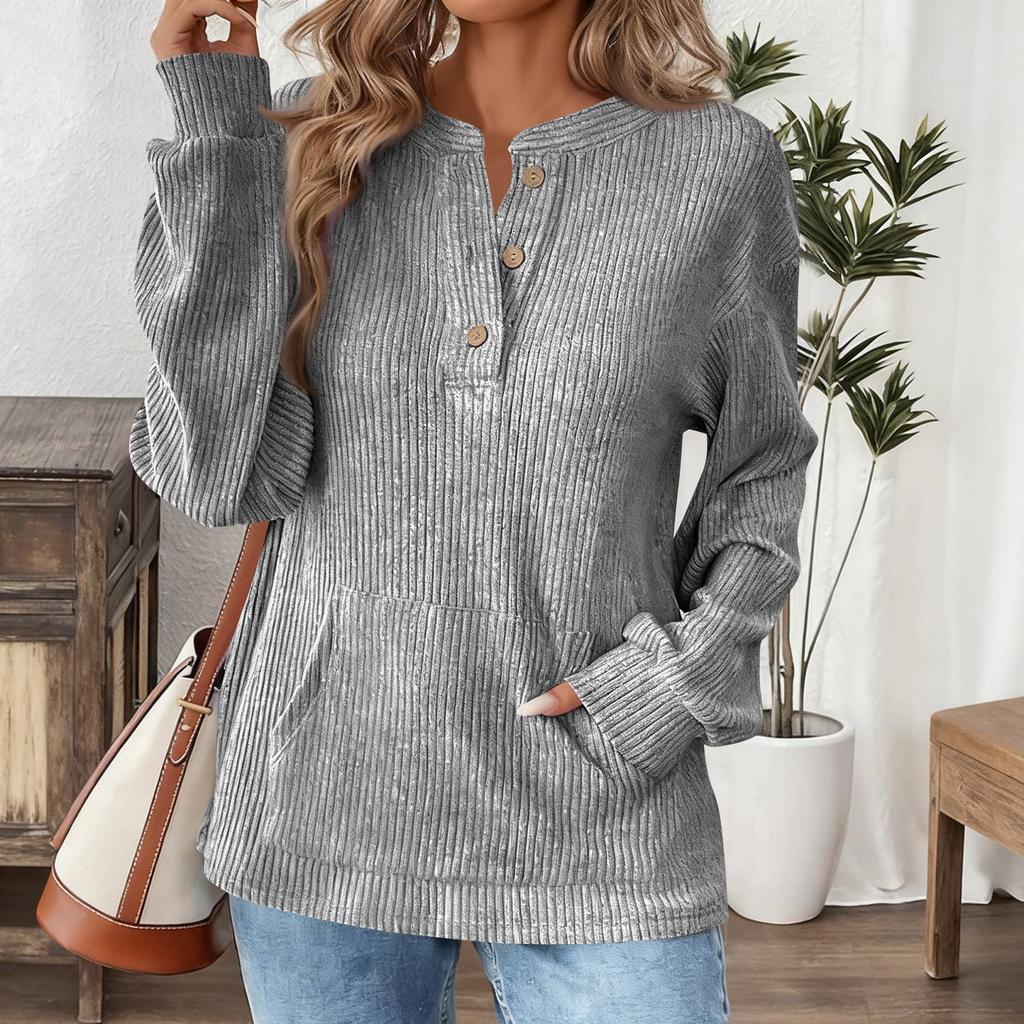 Women's Fashionable Solid Color Round Neck Button Pocket Loose Long Sleeved Pullover Top