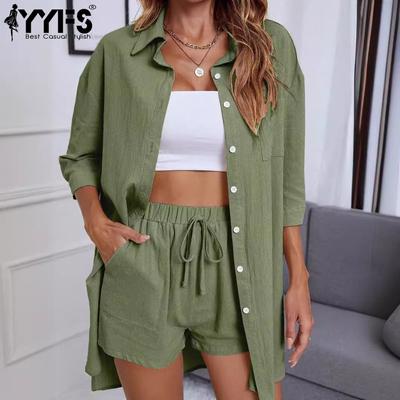 Женская мода на лето и весну, повседневные однотонные принты с рукавами 1/2, поло с воротником, блузки и рубашки, спортивные шорты с высокой талией, костюмы