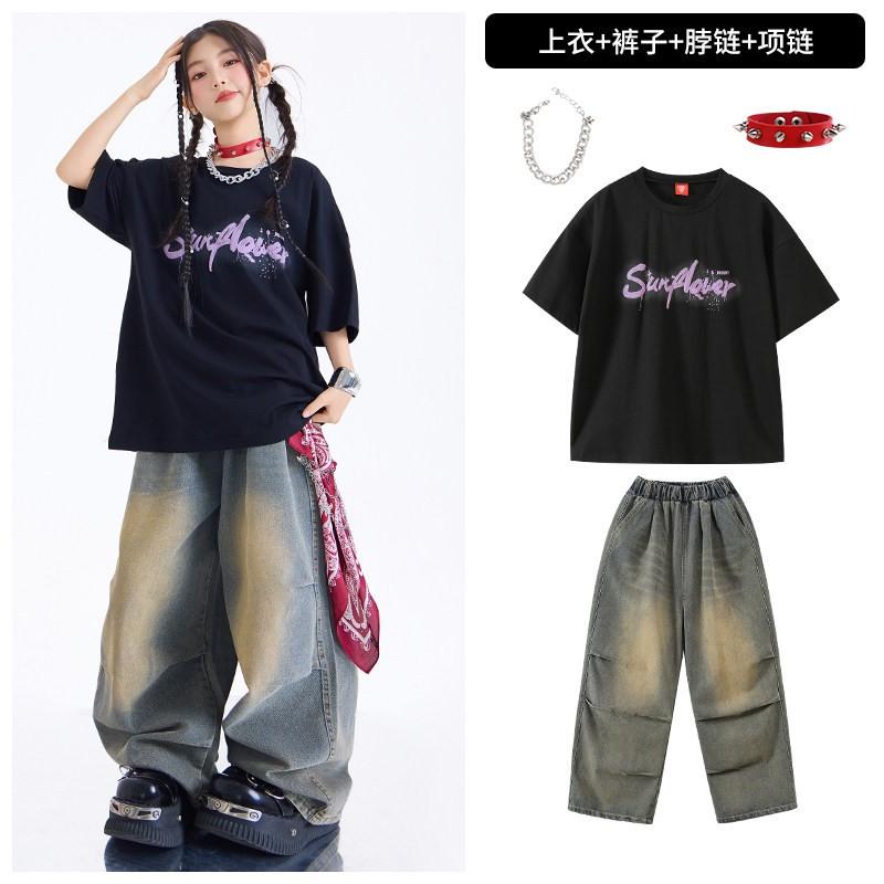Girls Jazz Dance Outfit Set Short Sleeve Top Pants Kids Performance Street Costume Cool Style