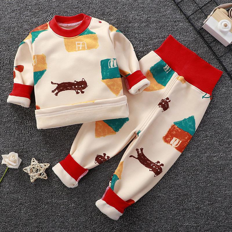 Комплект нижнего белья из бархата с высокой талией для малышей: Пижамы для мальчиков и девочек с защитой живота на осень-зиму