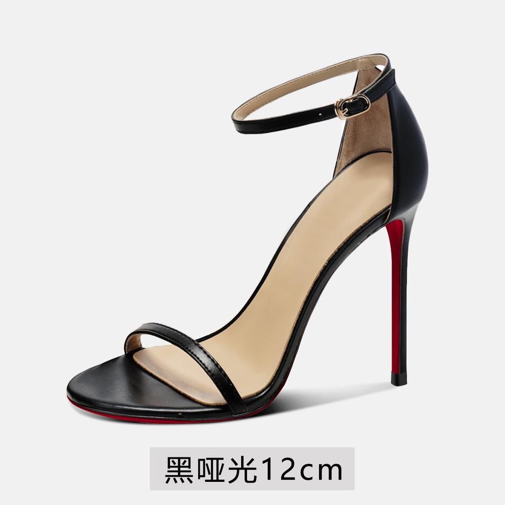 Black SW Flat High-heeled Sandals for Women, New Summer Popular, Same Style Ultra-fine Heel Red Sole High-heeled Shoes