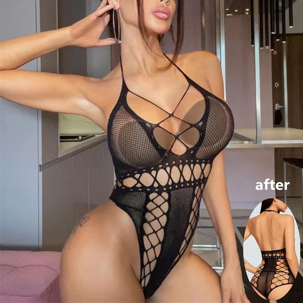 XXL Зеленый Боди-сетка С Длинным Рукавом Сексуальное Нижнее Белье С Вырезами Комбинезон Женский Женская Эротическое Белье