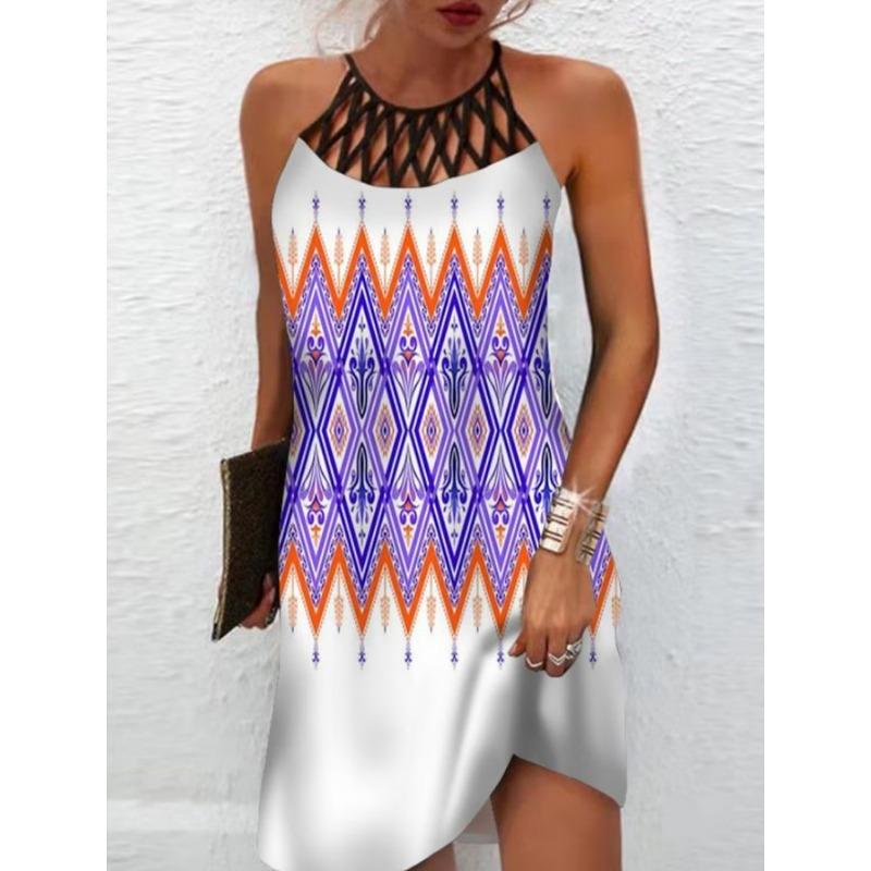 GMXIA National Style Positioning Print Mesh with Sleeveless Casual Dress for Women