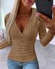 Women's V Neck Ribbed Long Sleeve Slim Fit Top Button Detail Casual Blouse