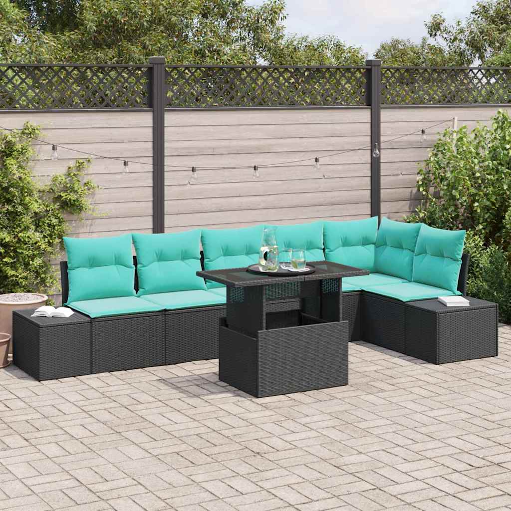 Garden Sofa Set with Cushions 7 pcs Black and Blue Poly Rattan