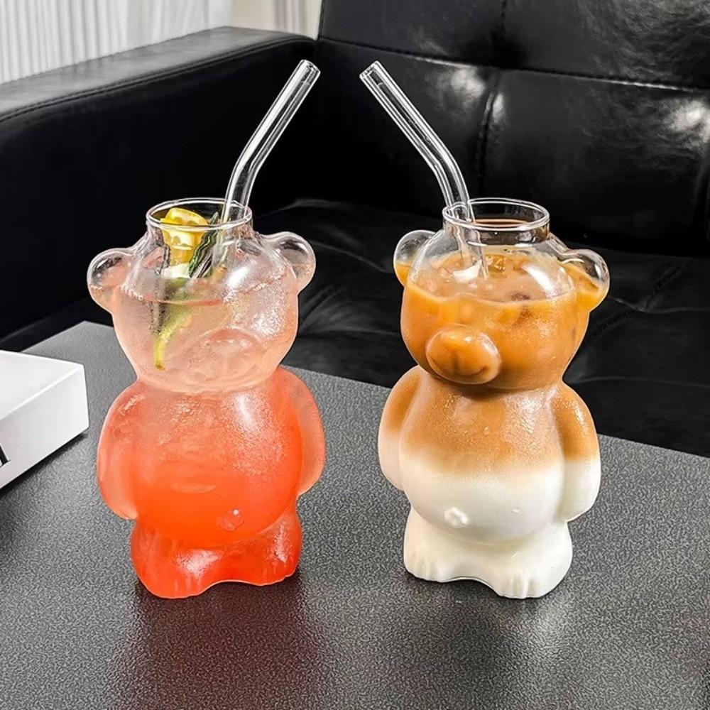 Transparent Bear Coffee Mug 320ML Milk Tea Straw Cup Multi-purpose Clear Bear Glassware Milk
