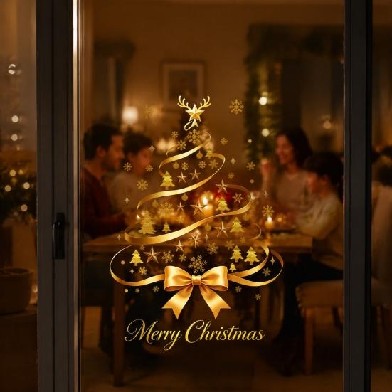 Removable PVC Window Stickers Gold Ribbon Christmas Tree Static Cling, Glass Sticker with Bow, Reindeer Xmas Elk Starlight Decals Antler & Star