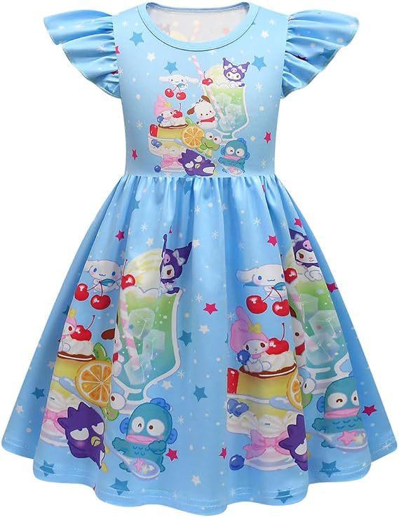 Girls Dreamy Ruffled Sleeve Round Neck Dress with Ethereal 3D Print