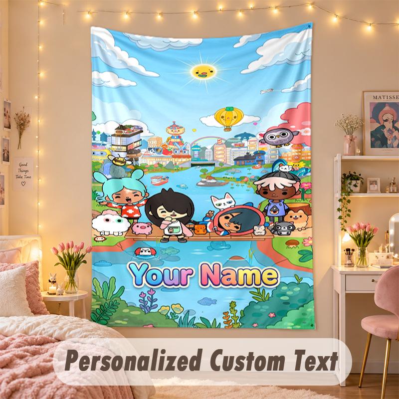 Custom Personalized Tapestry,Toca Boca Print Custom Name Text Wall Art Hanging for Bedroom