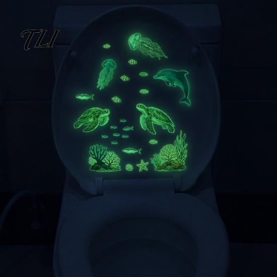 Removable Dolphin Turtle Wall Decor Ocean Themed Glow in The Dark Toilet Seat Stickers, Waterproof PVC Marine Life Decals for Nursery