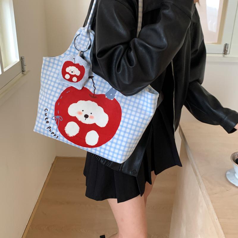 Cute Apple Dog Handheld Canvas Bag With Zipper Closure For Daily Office Use