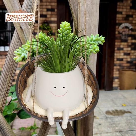 Подвесной цветочный горшок с милой улыбкой на лице, цветочный горшок из смолы для декора сада