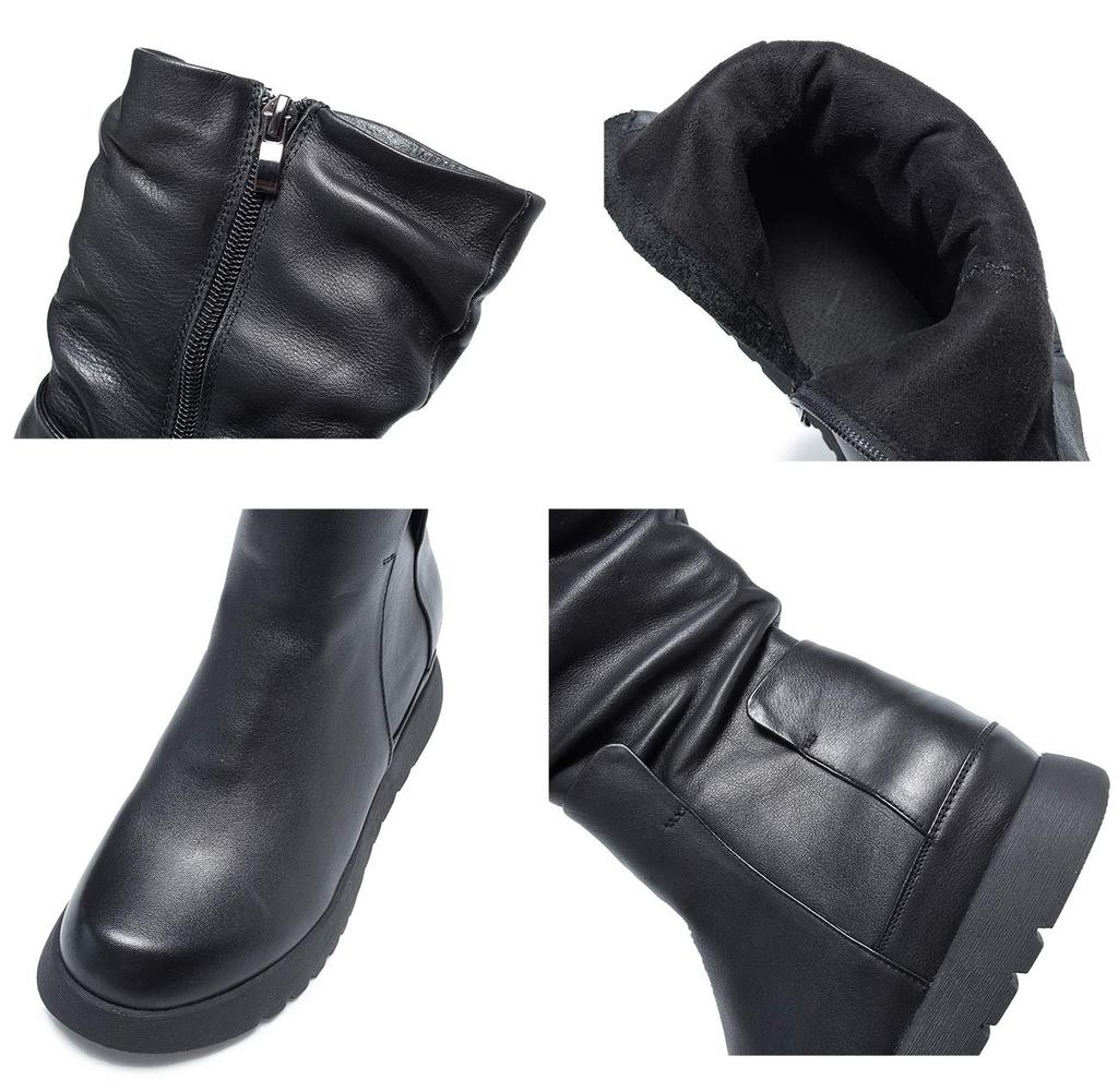 Короткие настоящие боковые толстые удобные для ходьбы [ZUYEE] Женские ботинки, кожа, молния, подошва, скрытый каблук, внутри, повседневные, черные, 23.5см